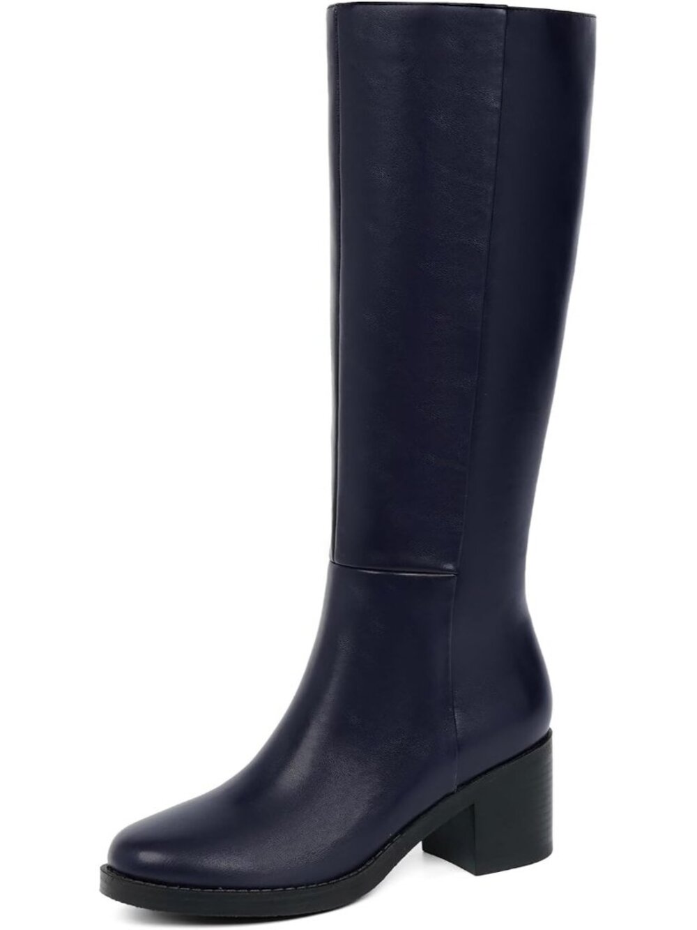 Women's Navy Blue Knee High Boots Chunky Low Block Heel Round Toe Boots Anti-sli - Picture 1 of 7